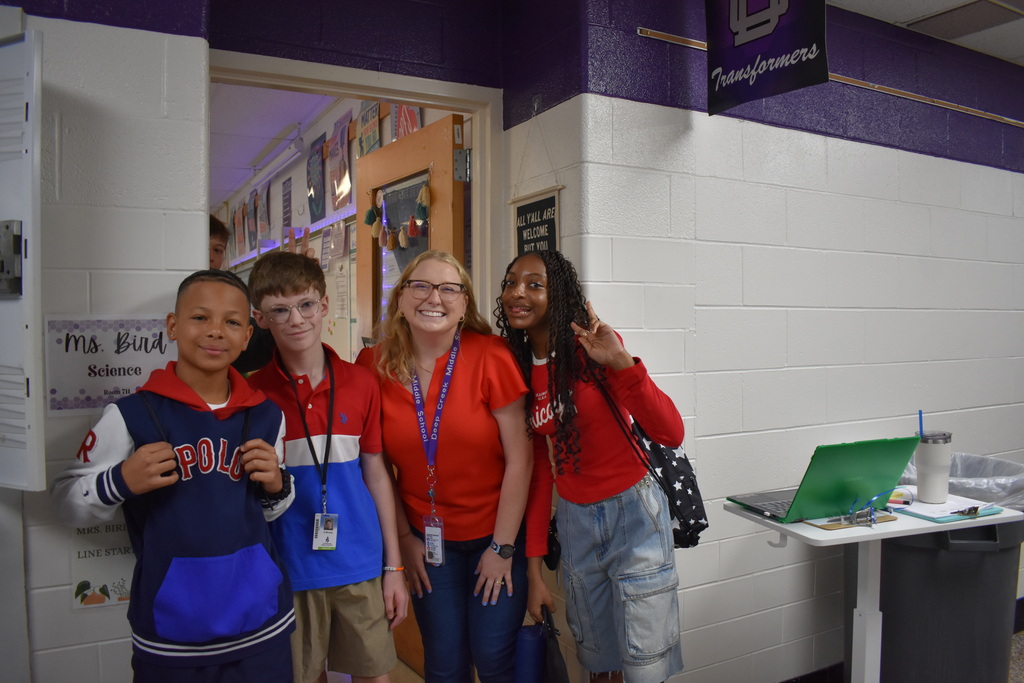 Teachers and Students wearing their red white and blue