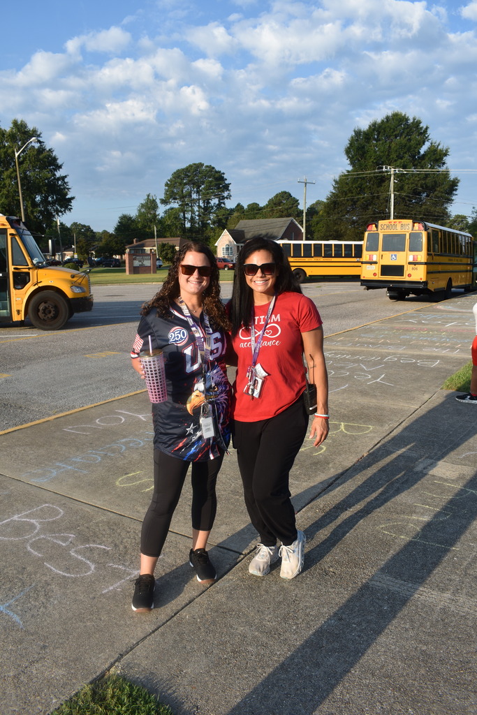 Teachers and Students wearing their red white and blue