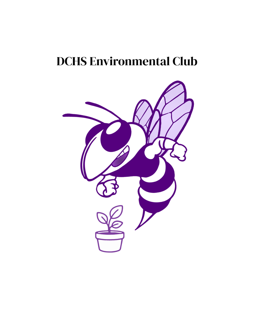 DCHS Environmental Club graphic featuring a purple cartoon hornet mascot hovering over a small potted plant, with text at the top reading "DCHS Environmental Club".