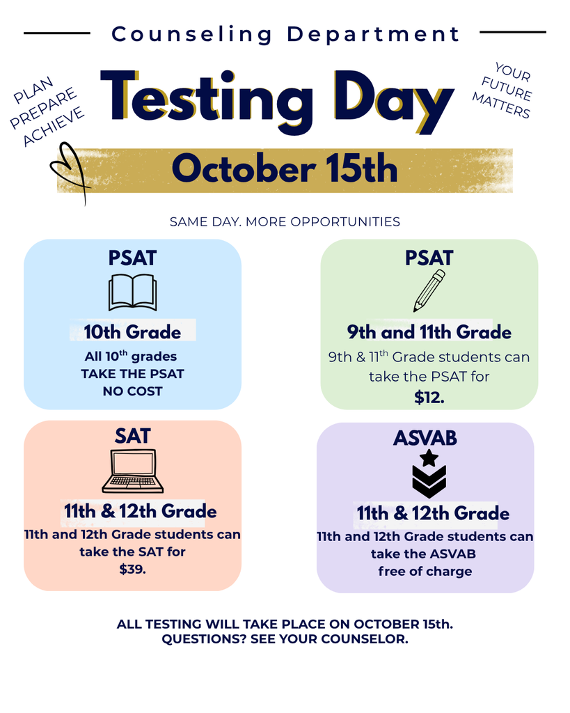 Counseling Department Testing Day flyer for October 15th. Details by test: PSAT (10th Grade): Free for all 10th graders. PSAT (9th & 11th Grade): $12. SAT (11th & 12th Grade): $39. ASVAB (11th & 12th Grade): Free of charge. All testing takes place October 15th. Contact your counselor with questions.
