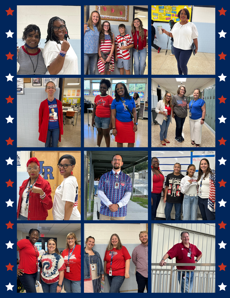 A patriotic collage featuring students and staff from Indian River Middle School wearing red, white, and blue in remembrance of September 11.