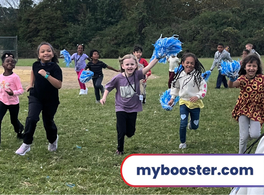 picture of students running with pom poms and the text my booster.com