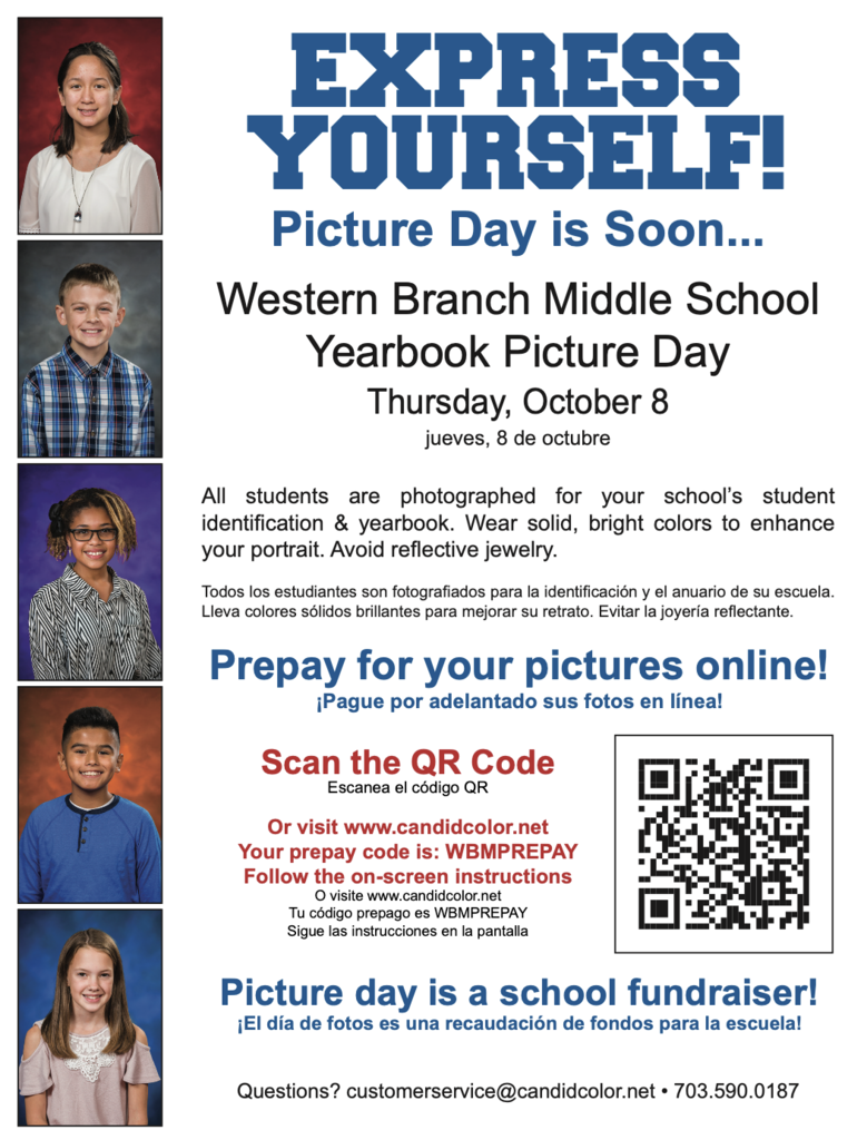Flyer announcing Western Branch Middle School Yearbook Picture Day on Thursday, October 8. Features five smiling student portraits alongside ordering details, a QR code, prepay code WBMPREPAY, website candidcolor.net, and contact info, giving an upbeat and organized school event vibe.