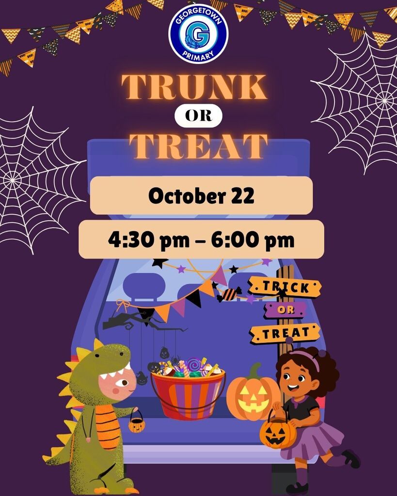Trunk or Treat Flyer showing students in costumes trick or treating at a decorated trunk; Text reads: Trunk or Treat, October 22, 4:30 pm - 6:00 pm