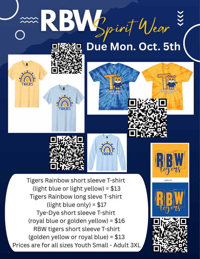 Official RBW Spirit Wear flyer titled "RBW Spirit Wear - Due Mon. Oct. 5th". The graphic displays image previews of four shirt styles: