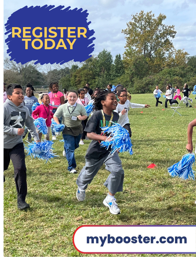 photo of students running with pom poms with text register today mybooster.com
