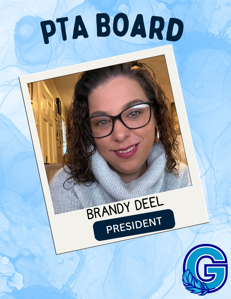 PTA president Brandy Deel smiling with a polaroid print frame on a blue background