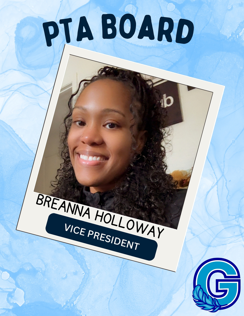 PTA vice president Breanna Holloway smiling with a polaroid print frame on a blue background