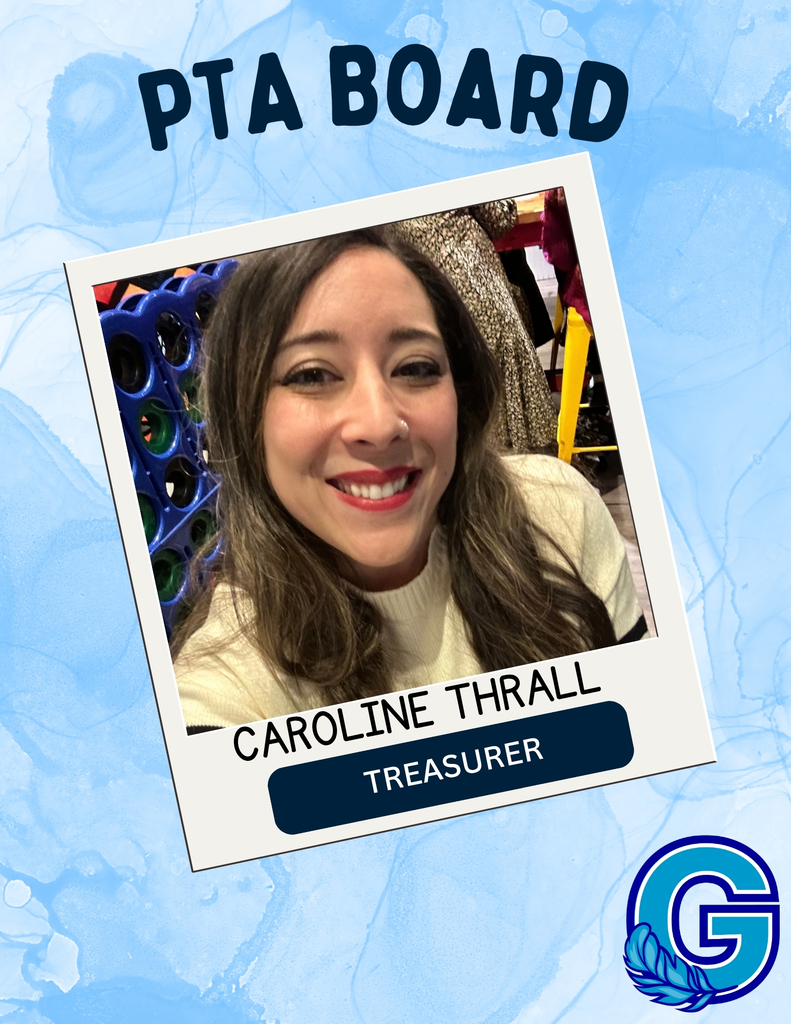 PTA treasurer Caroline Thrall smiling with a polaroid print frame on a blue background