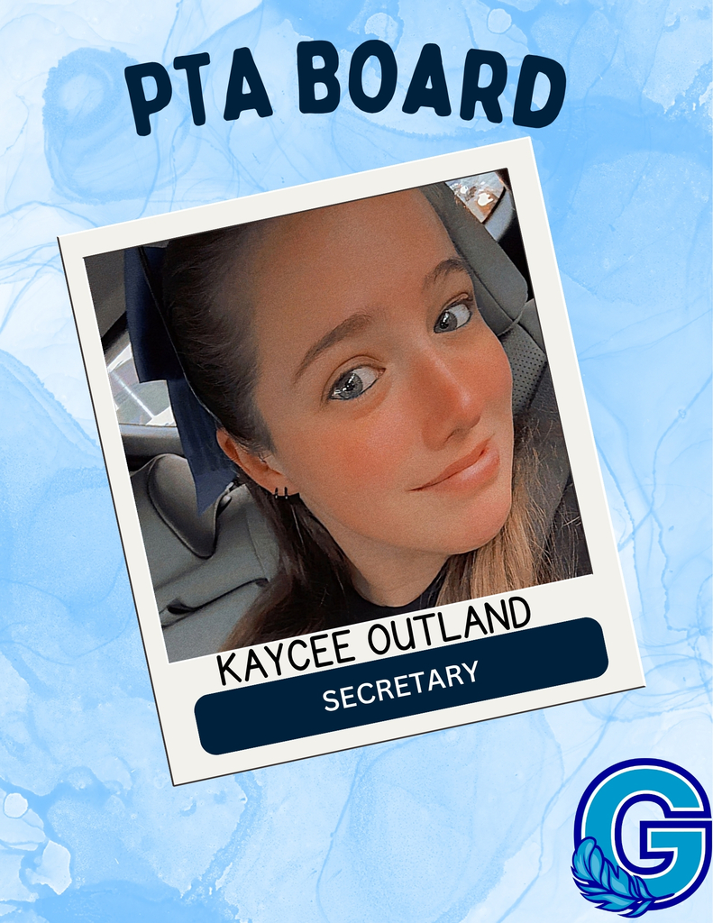 PTA secretary Kaycee Outland smiling with a polaroid print frame on a blue background