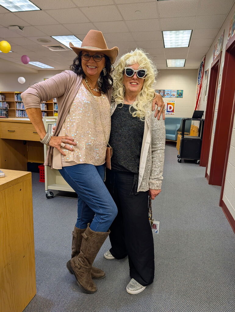 Mrs. Large and Mrs. Taylor dressed up for Dolly Parton day