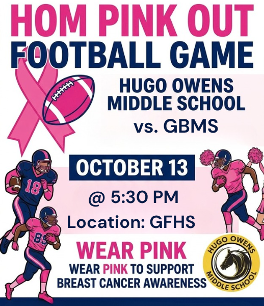 Wear pink to support Breast Cancer Awareness alongside graphics of football players and a pink ribbon.