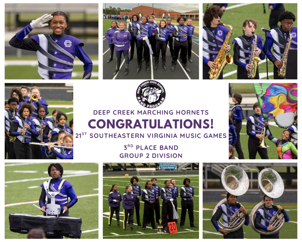 Graphic collage congratulating the Deep Creek Marching Hornets on placing 3rd Place Band in the Group 2 Division at the 21st Southeastern Virginia Music Games, surrounded by photos of students performing with brass, woodwinds, color guard, and drumline.