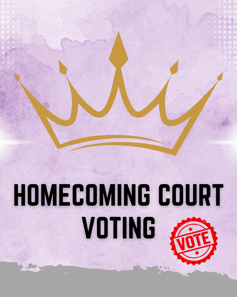 Graphic on a light purple background featuring a gold crown outline at the top, bold black text in the center reading "Homecoming Court Voting," and a circular red stamp in the bottom-right corner that says "Vote."