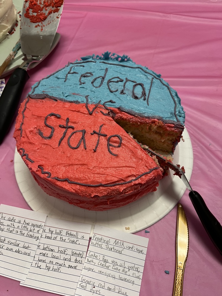 Blue and Red cake with words federal vs. state