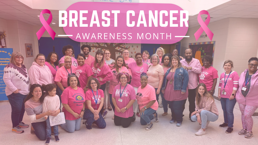 a group of staff members wearing pink with the text breast cancer awareness month and two pink ribbons