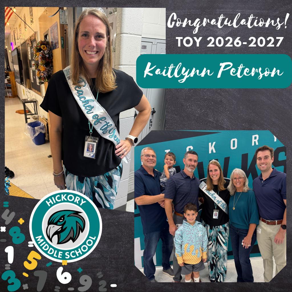 Our teacher of the year smiling proudly in front of her classroom and pictured with her family