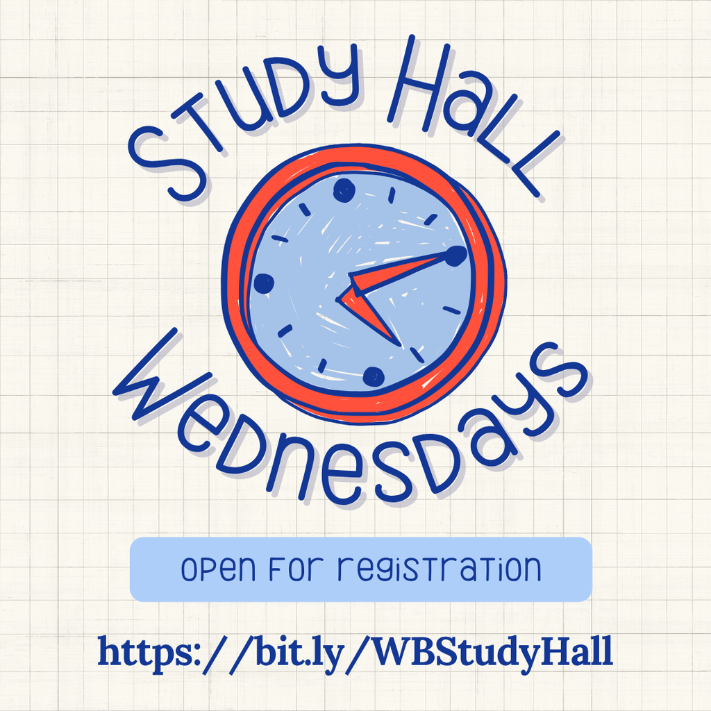 Graphic on a light grid paper background featuring a central clock illustration with a red border and blue face. Blue text arches above and below the clock reading Study Hall Wednesdays. A light blue banner below reads Open For registration. At the bottom, the website link is listed as https://bit.ly/WBMStudyHall. The overall visual tone is welcoming, organized, and school-spirited.