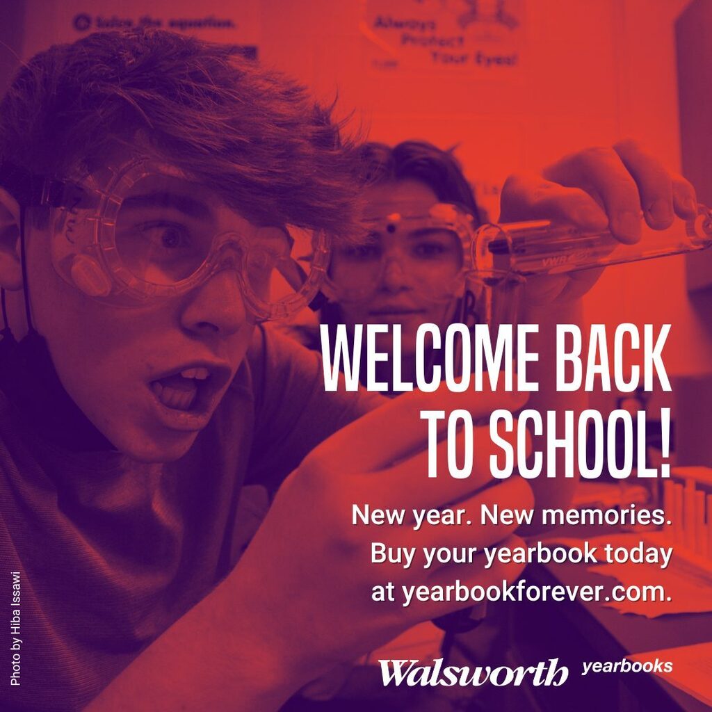 Students in a science lab performing an experiment with glassware, tinted in a vibrant red and purple overlay. The student in the foreground wears protective safety goggles with a wide-eyed, excited expression. Text reads, Welcome Back to School! New year. New memories. Buy your yearbook today at yearbookforever.com, with the Walsworth Yearbooks logo at the bottom.