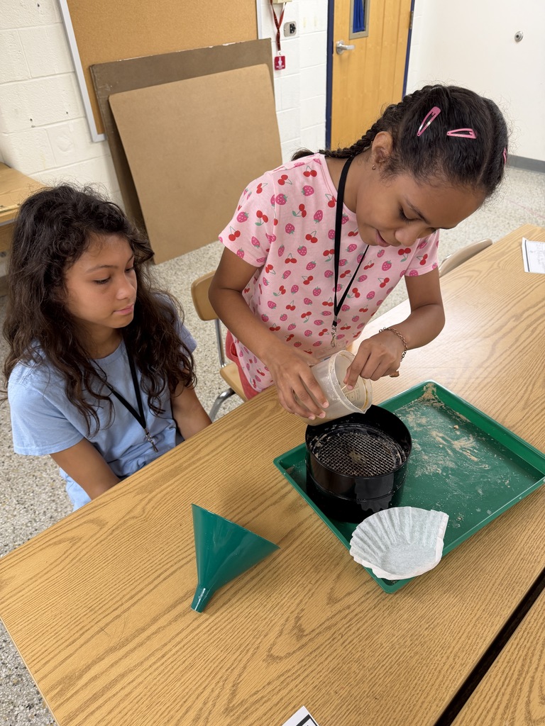 Two students in the science lab pouring a mixture into a sieve.
