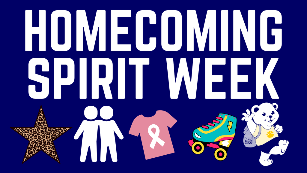 Homecoming Spirit Week Text with images of star, twins, breast cancer awareness shirt, skate and bruin bear