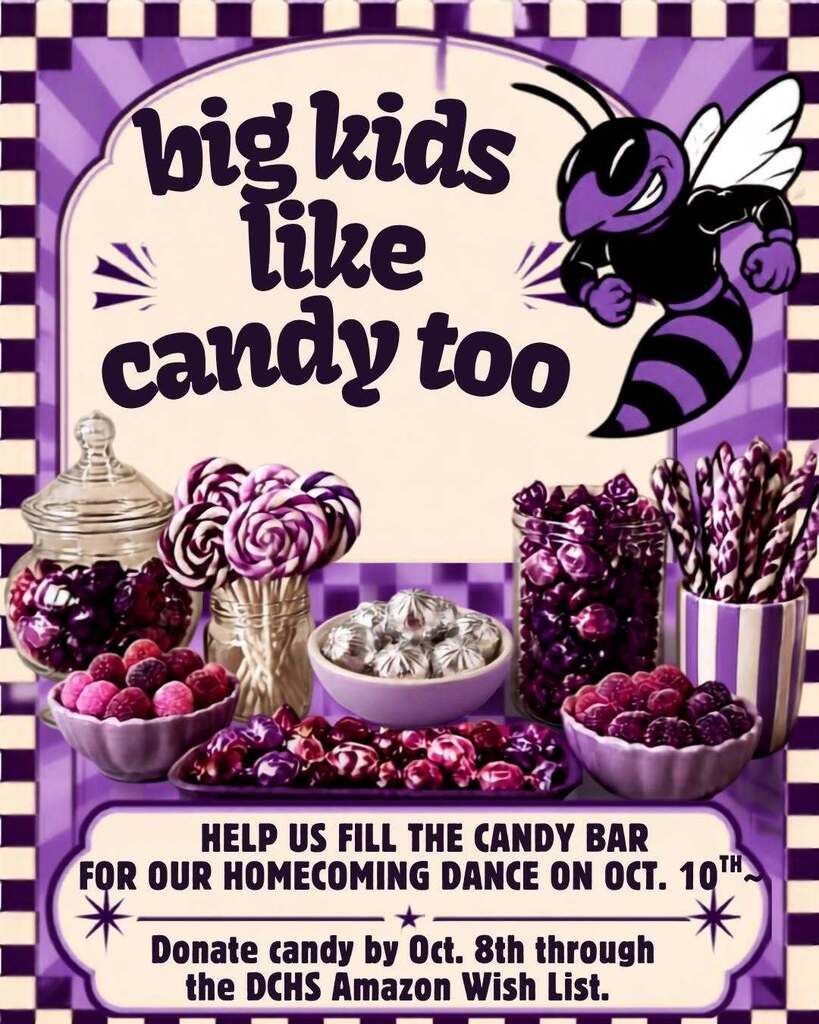 Graphic reading "Big kids like candy too." Help us fill the candy bar for our Homecoming Dance on Oct. 10th. Donate candy by Oct. 8th through the DCHS Amazon Wish List.