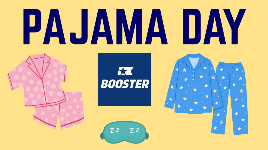 pajama day text with Boosterthon logo and images of pajamas and a sleep mask