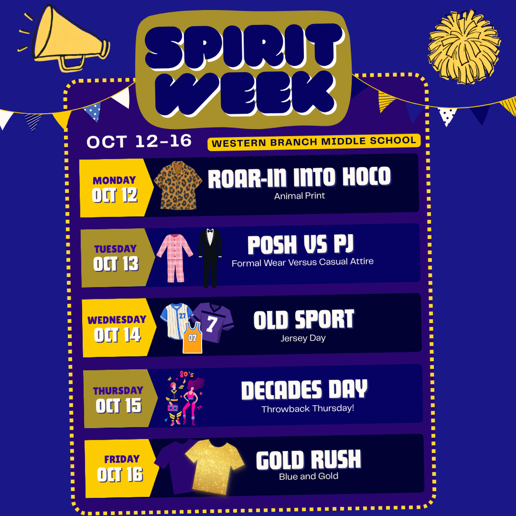 A vibrant blue and gold graphic announcing Western Branch Middle School Spirit Week from Oct 12-16. The design features cheerful decorative elements including a yellow megaphone, cheer pom-poms, and party bunting flags. A central table lists the daily spirit themes: Monday Oct 12 is Roar-In Into Hoco featuring animal print, Tuesday Oct 13 is Posh vs PJ featuring formal wear versus casual attire, Wednesday Oct 14 is Old Sport featuring jersey day, Thursday Oct 15 is Decades Day featuring throwback Thursday outfits, and Friday Oct 16 is Gold Rush featuring school colors blue and gold. The visual presentation delivers an energetic and high-spirited atmosphere.