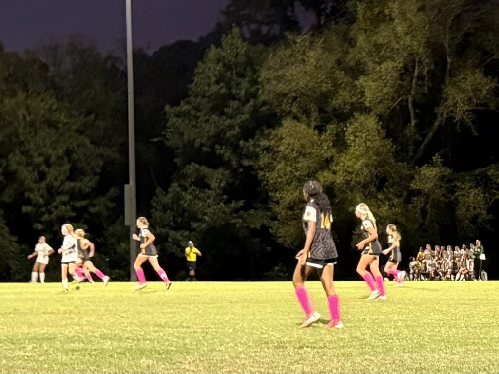 Two teams of girls on a soccer field.  One team has black and gold uniforms with pink socks.  The other team has white uniforms.