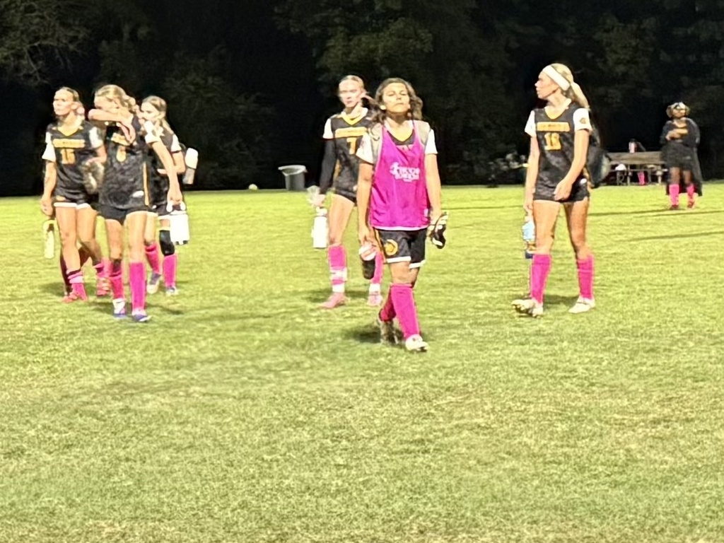 A group of girls wearing black and gold uniforms with pink socks carrying water bottles  on a field.  One girl is wearing a pink jersey.