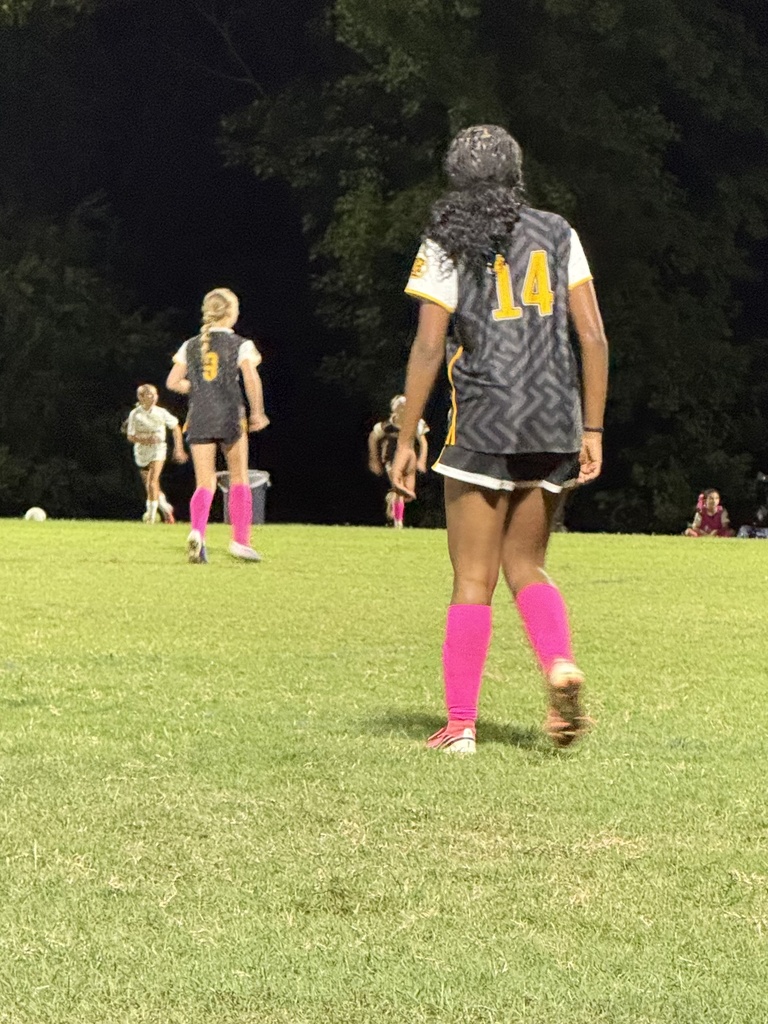 Girls on a soccer field wearing black and gold uniforms with pink socks.