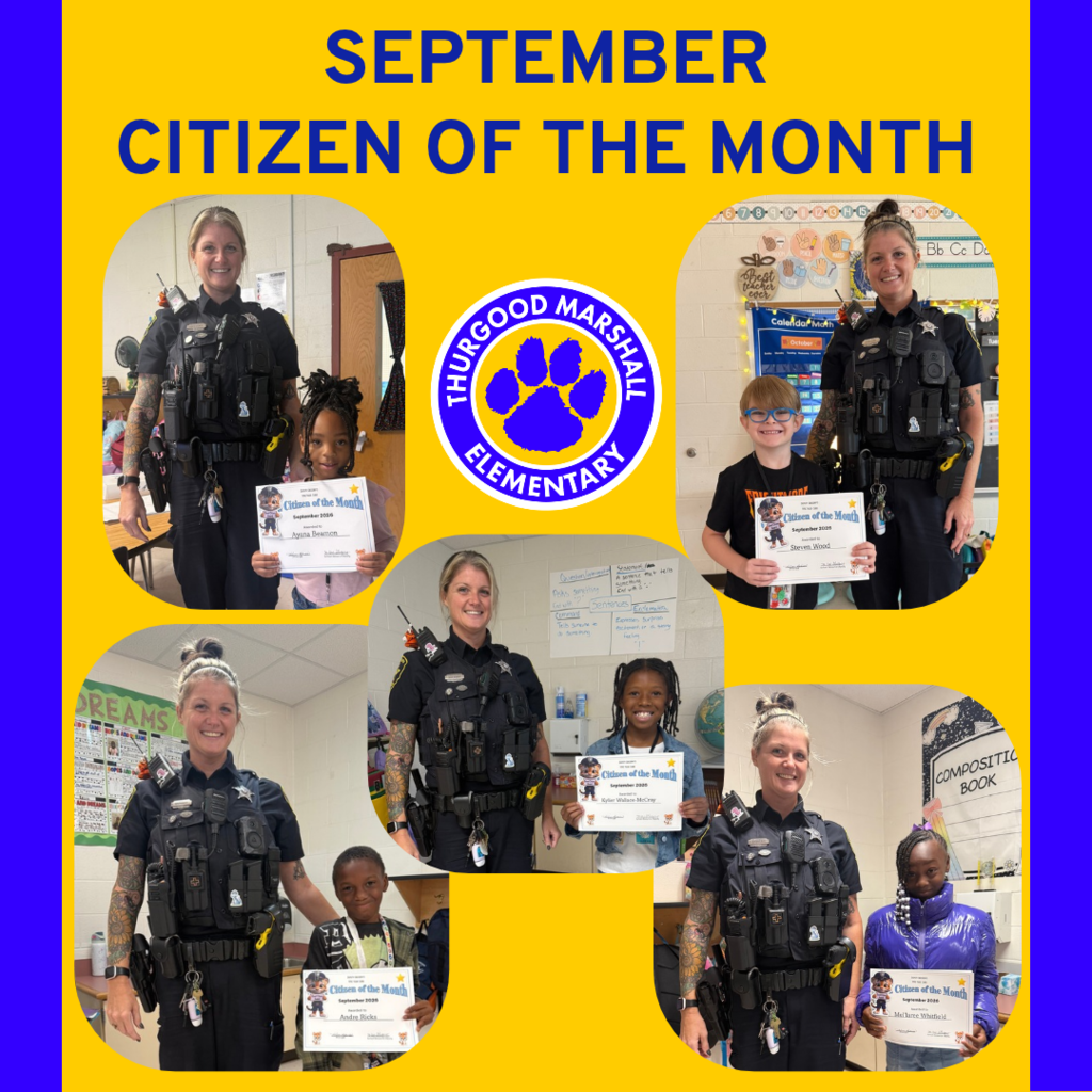 Graphic titled "September Citizen of the Month" on a yellow background with a blue border, featuring the Thurgood Marshall Elementary School paw print logo in the center. Surrounding the logo are five photos of a uniformed female police officer posing in school classrooms with individual students, each holding a "Citizen of the Month" award certificate.