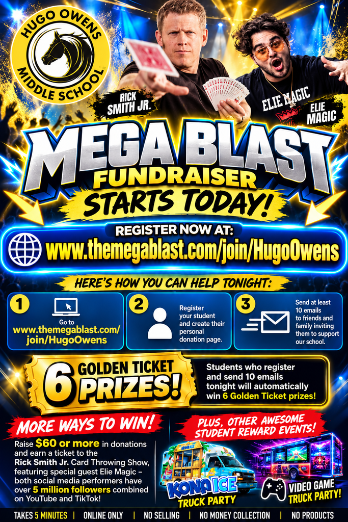 A flyer with an image of 2 guys at the top, one is throwing a card.   It is giving information on how to participate in the fundraiser and the prizes students can win.