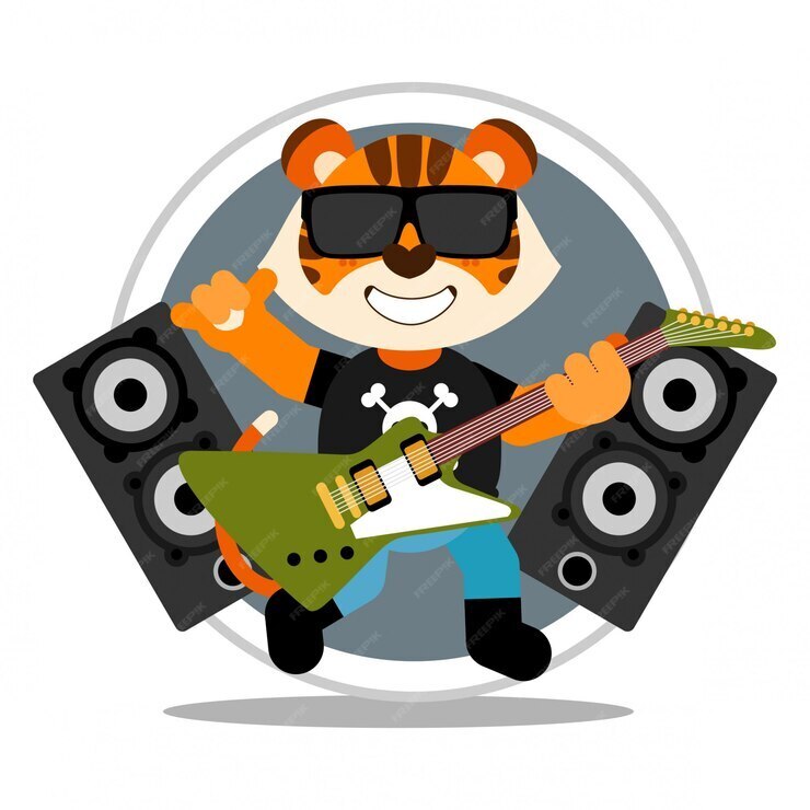 tiger playing a guitar with speakers in the background