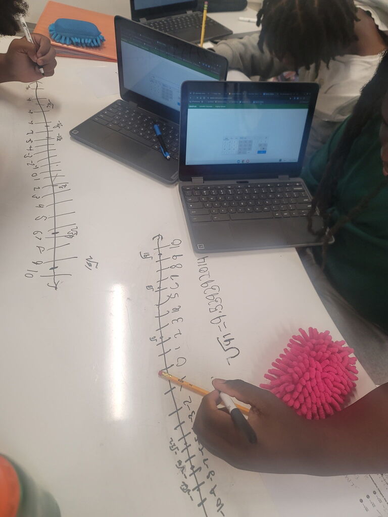 8th grade math students using dry erase tables to work on math problems