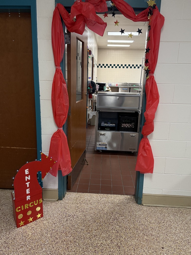 door to the lunch line with circus decorations
