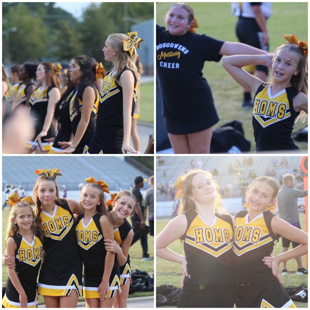 Four pictures in a collage.  One picture has several girls standing in a row in black and gold cheer leading uniforms.  The 2 bottom pictures are groups of girls standing in front of bleachers.  They are wearing black and gold uniforms with gold bows.   