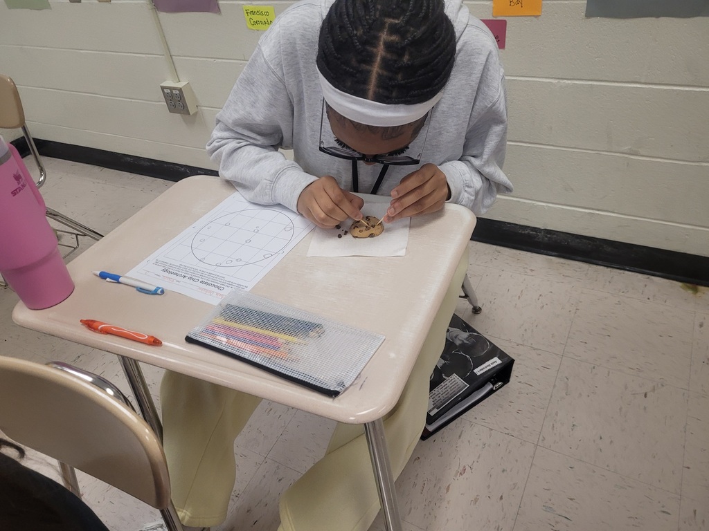 A student with braids and white long sleeve shirt has her head facing down toward the desk breaking apart a cookie for a archeology activity.