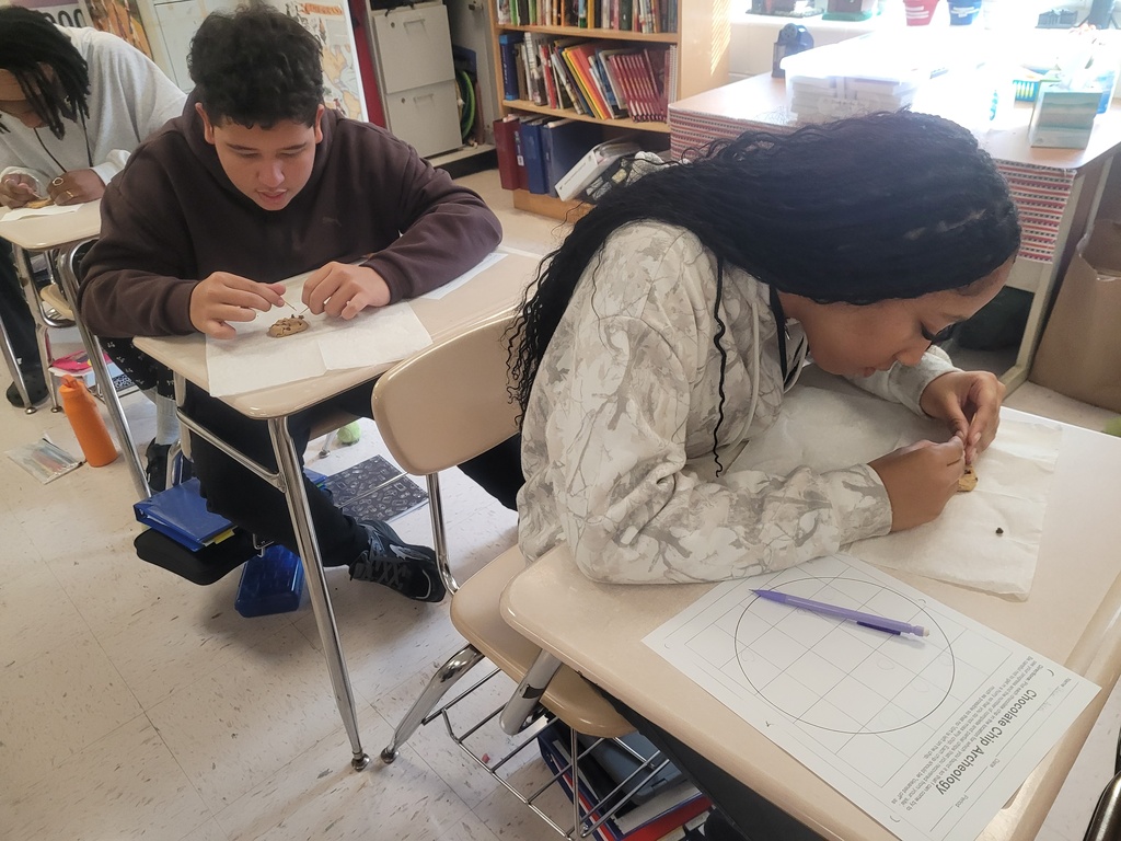 Two students are sitting at desks facing down at their desks breaking apart cookies for an archaeology activity.