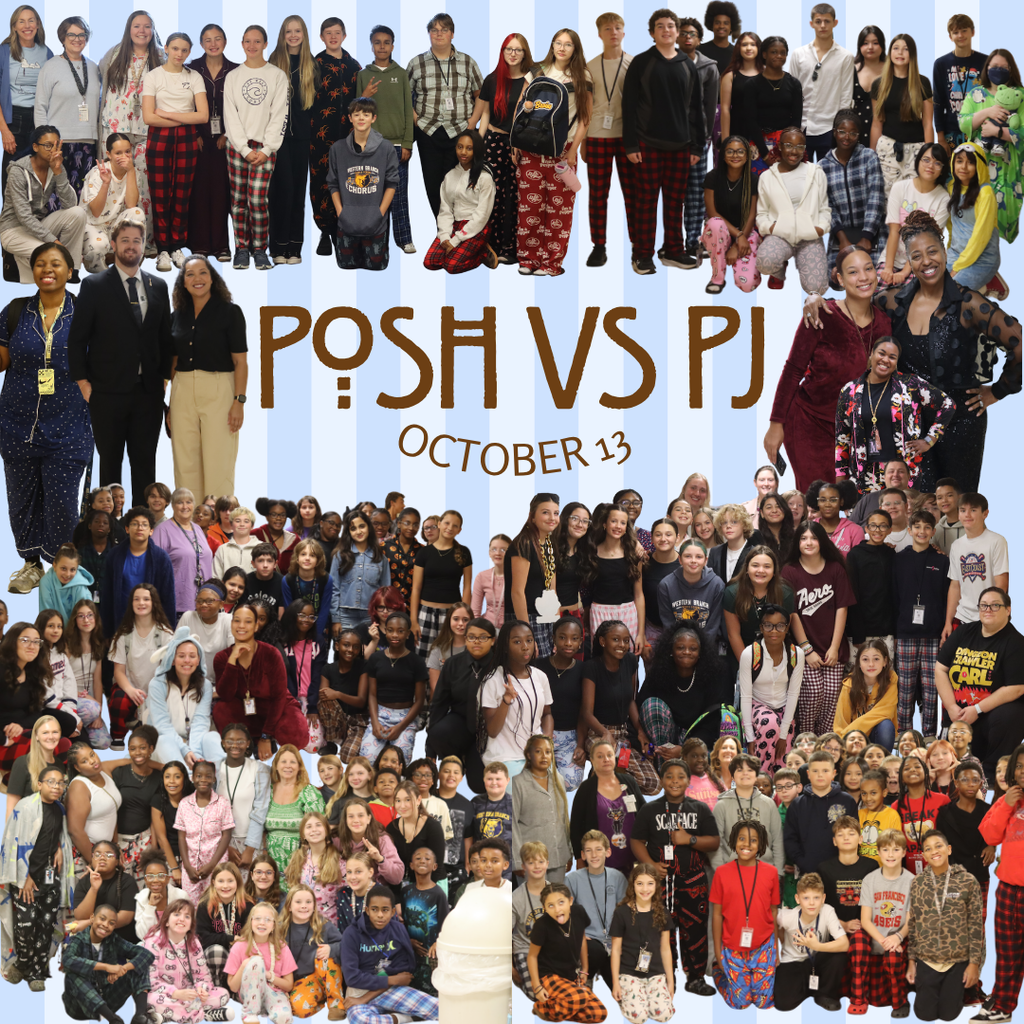 A cheerful photo collage of Western Branch Middle School students and staff celebrating Posh versus Pajama day on October 13. The image shows various group photos of smiling students and teachers dressed in comfortable pajamas, hoodies, onesies, and dressed-up formal outfits. Brown text in the center reads Posh vs PJ October 13 over a light blue and white striped background. The atmosphere is full of school spirit, joy, and community pride.