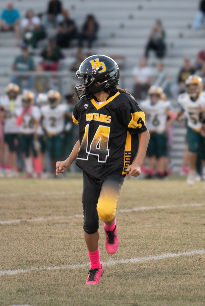 A close up picture of a football player on a football field  in a black and gold uniform with the number 14.