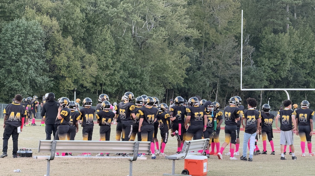 A football team standing facing a field wearing black and gold uniforms, pink socks and black helmets.