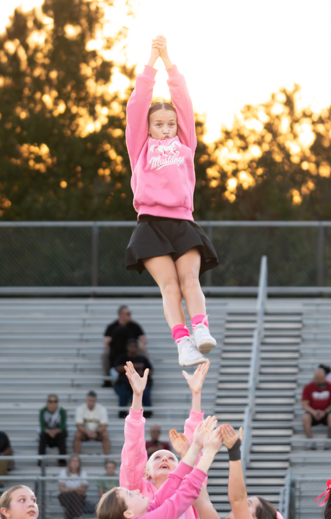 A cheerleading group is tossing a cheerleader in the air.   They are wearing pink tops and black skirts.