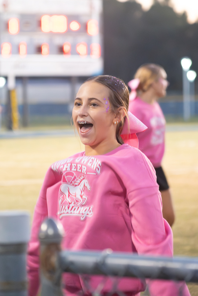A cheerleader is standing behind a fence shouting a cheer.  She is wearing a pink top.
