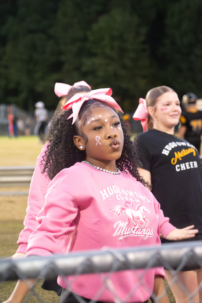 Two cheerleaders are standing behind a fence doing motions and smiling.    One is wearing a pink top the other is wearing a black top.  They both have pink bows.