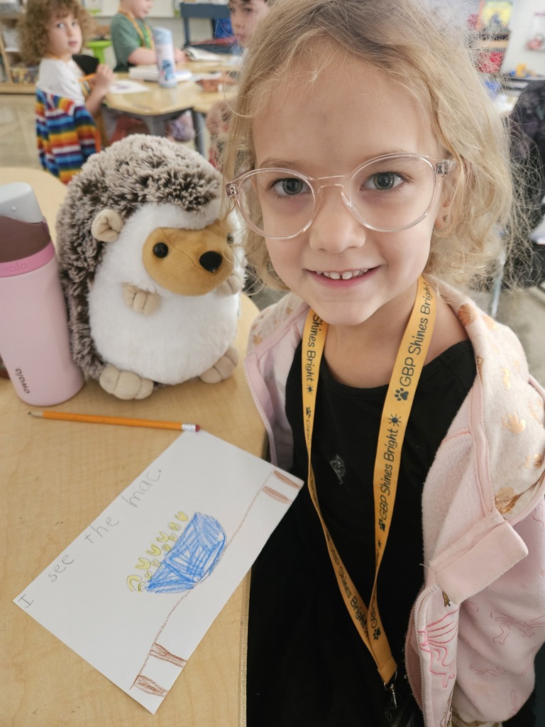 Student working in class with Hedgie the Hedgehog
