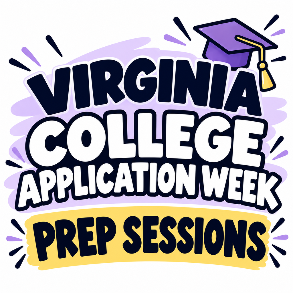 Graphic with bold text reading "Virginia College Application Week Prep Sessions" featuring an illustration of a purple graduation cap with a yellow tassel.