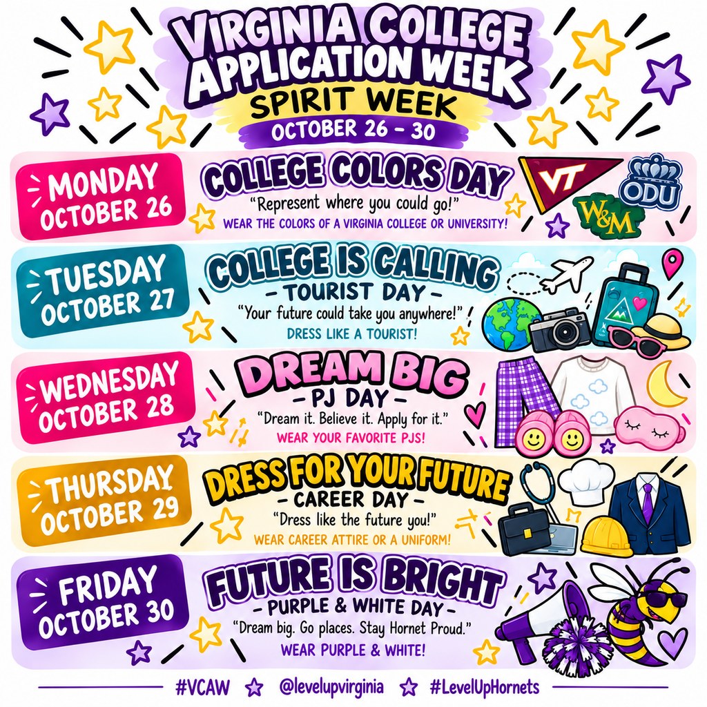 Virginia College Application Week Spirit Week schedule (October 26–30) featuring theme days: Monday College Colors Day, Tuesday Tourist Day, Wednesday PJ Day, Thursday Career Day, and Friday Purple & White Day.