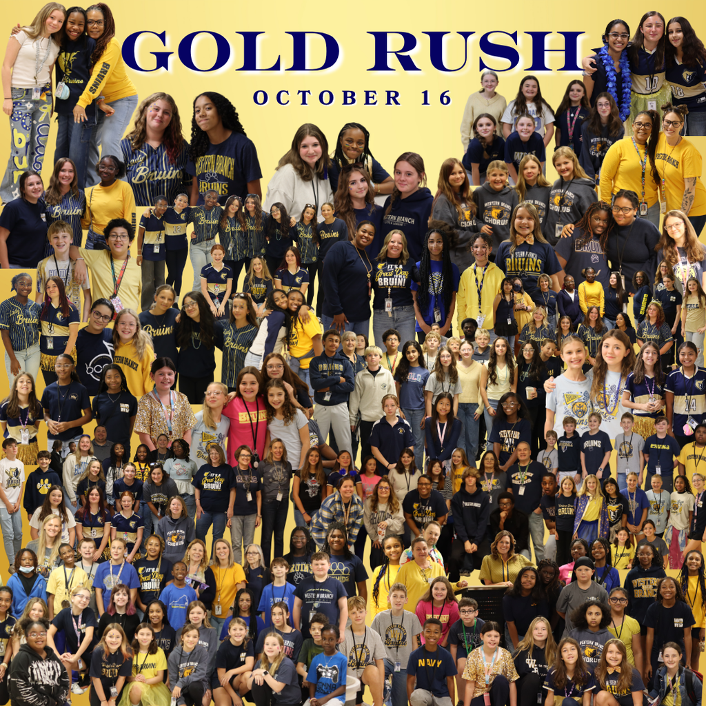 A photo collage featuring students and staff dressed in navy and gold spirit wear for Gold Rush on October 16. Top text reads Gold Rush October 16 in navy lettering against a yellow background. Everyone is smiling, posing, and displaying vibrant school spirit in a joyful atmosphere.