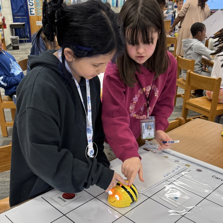 two students work together to code their bee bit on a mat.
